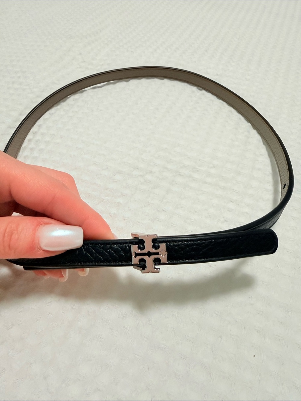 Tory Burch Reversible Leather Belt with Silver Double-T Logo
